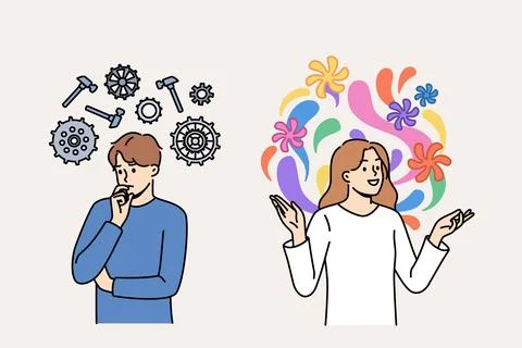 Pragmatic and creative thinking between two people using different ways of Illustrazione stock