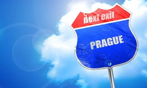 Prague, 3D rendering, blue street sign Stock Illustration