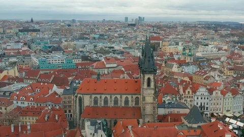 Prague - 4K drone flying away from the Church of our Lady Before Tyn Stock Footage 120753835
