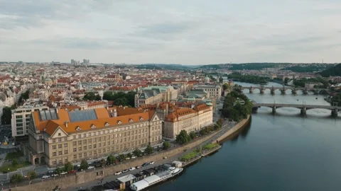 Prague aerial view. Central part of the city, Vltava river and many bridges Stock Footage 286278353