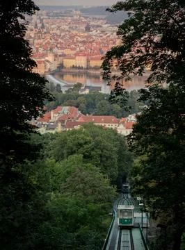 Prague and the funicular from the Petrin hill view of the city old town red tile Stock Photos