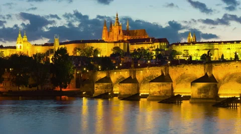 Prague and Vltava river in a spring night Stock Footage 55856319
