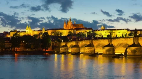 Prague and Vltava river at a spring night Stock Footage 55856567