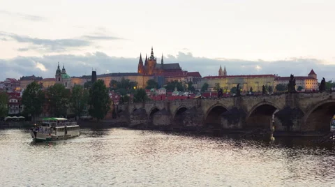 Prague and Vltava river at a spring sunset Stock Footage 55857139