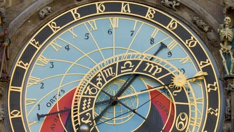 Prague astronomical clock face or orloj close up cinematic footage showing .. Stock Footage 333873475