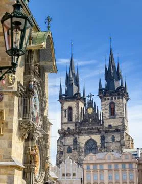 The Prague Astronomical Clock located at the Old Town Hall and the Church of  스톡 사진