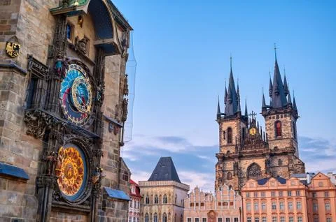 The Prague Astronomical Clock located at the Old Town Hall and the Church of  Stockfoto's