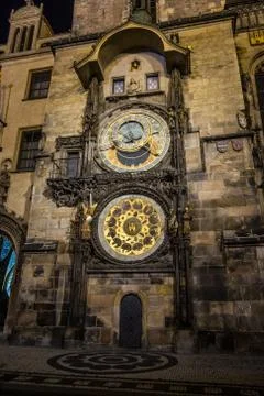 Prague astronomical clock at night Stock Photos