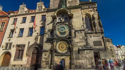 Prague Astronomical Clock timelapse hyperlapse, medieval astronomical clock,  Stock Photos