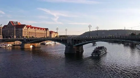 Prague Bridge over the River Vitava Stock Footage 69080976