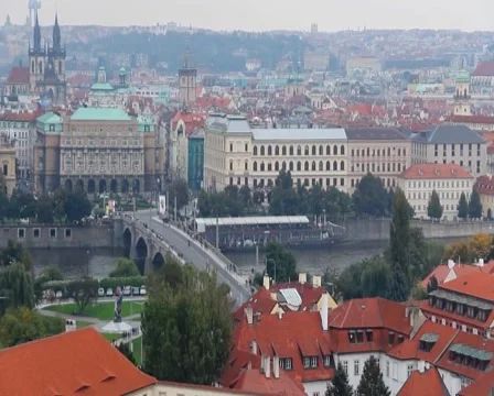 Prague bridge over river Vltava, timelapse cars, ships, people, click for HD Stock Footage 43896650