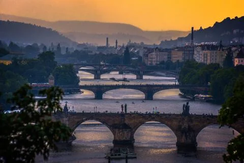 Prague bridge at sunset Stock Photos