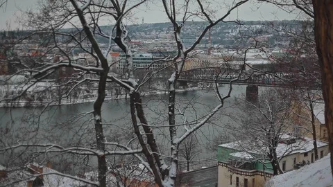 Prague. bridge for train over the river - city with buildings - nature. rees and Stock Footage 88653414