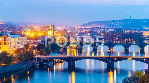 Prague bridges over Vltava River in the evening, Praha, Czech Republic Stock Photos