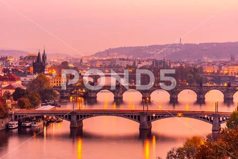 Prague bridges over Vltava River in the evening, Praha, Czech Republic Stock Photos