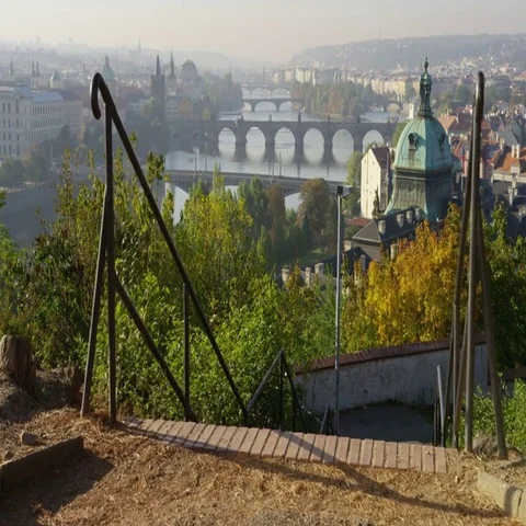 Prague Bridges View Between Railings Rise - 4k - Slow Motion Stock Footage 69700976