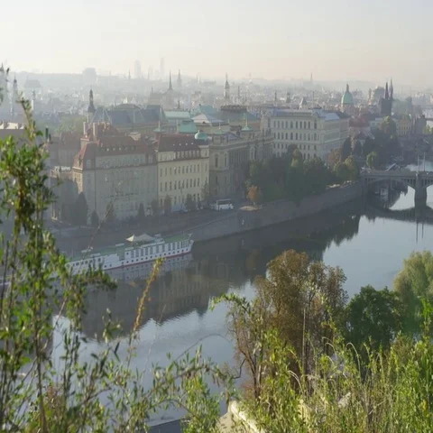 Prague Bridges View Branches - 4k - Slow Motion Stock Footage 69701267