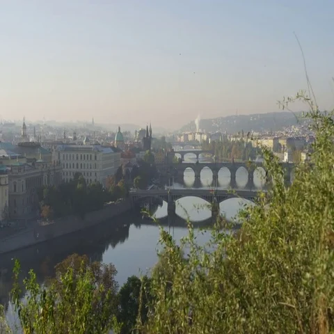 Prague Bridges View Dipping Left- 4k - Slow Motion Stock-Footage 69701134