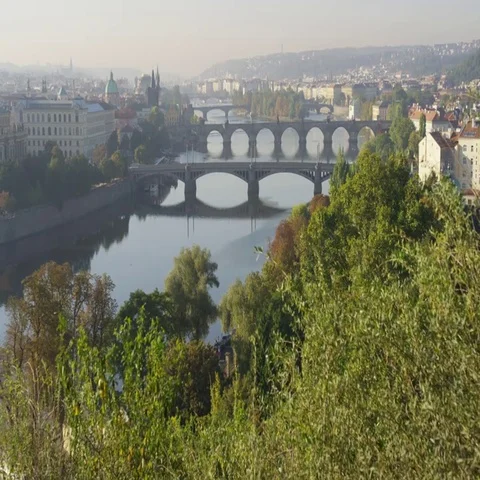 Prague Bridges View Push - 4k - Slow Motion Stock Footage 69701259