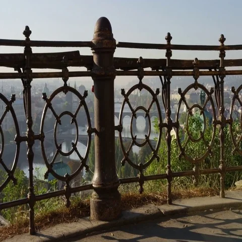 Prague Bridges View Rusty Railings- 4k - Slow Motion Stock Footage 69701283