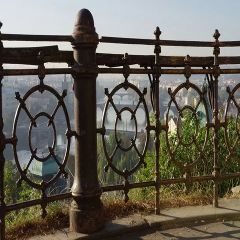 Prague Bridges View Rusty Railings Flags- 4k - Slow Motion 動画素材 69701345