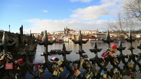 Prague castle behind the Love locks Stock Footage 72485910