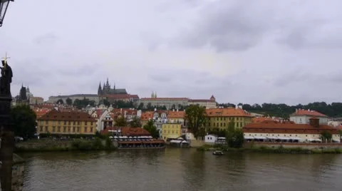 Prague Castle Cloudy with Charles Bridge Statue and Vtlava River, Czech Republic Stock Footage 10789871
