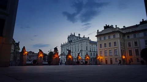 Prague Castle at night - sunset. First courtyard and Archbishop's Palace Stock Footage