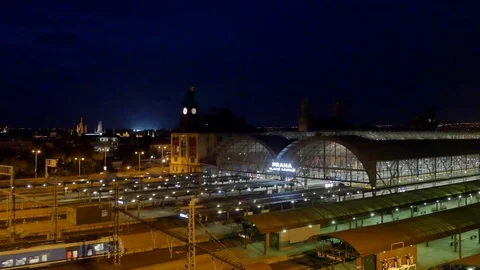 Prague, central station at night, train is arriving Stock Footage 96166892