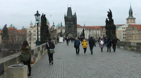 Prague Charles bridge with a crowd watching past Stock Footage 34502928