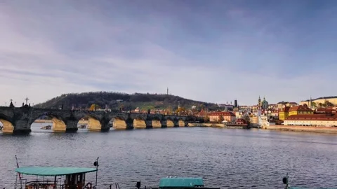 Prague Charles Bridge Full Panoramic 4K Slow Motion Vltava River Cityscape Stock Footage 327400874