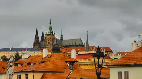 Prague Charles Bridge skyline with Gothic towers and St. Vitus in 4K Slow Motion Stock Footage 319034727