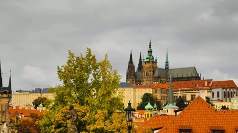 Prague Charles Bridge skyline with Gothic towers and St. Vitus. Slow Motion Vide Stock Footage 319035139