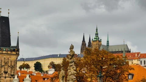Prague Charles Bridge skyline with Gothic towers and St. Vitus. Slow Motion 4K Stock Footage 319035162