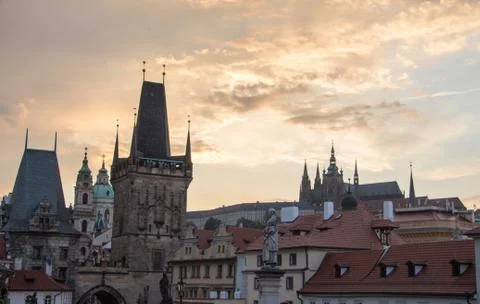 Prague charles bridge sunset view with castle in backgorund Stock Photos