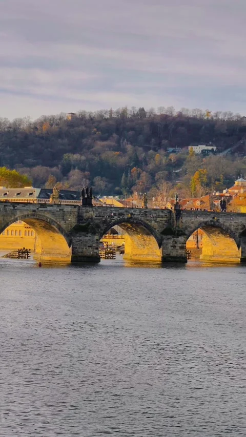 Prague Charles Bridge Vertical 4K Slow Motion Cinematic Footage Aerial View Stock Footage 327400951
