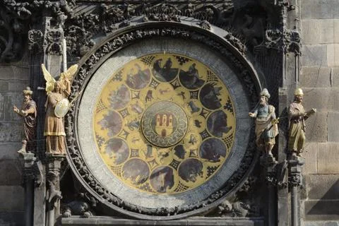 Prague chimes. The eagle consists of three main components located vertically Stock Photos
