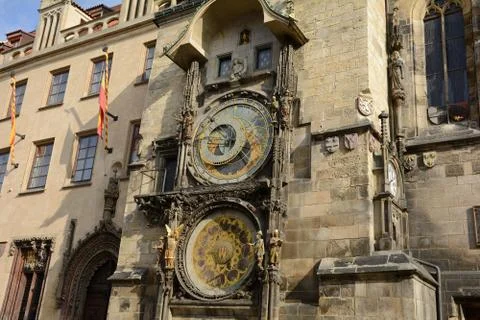 Prague chimes. The eagle consists of three main components located vertically Stock Photos