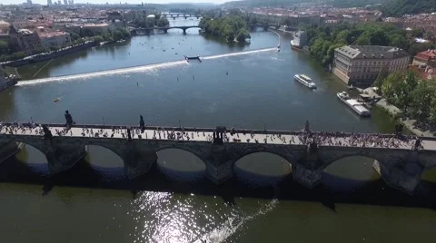 Prague city bridge over the river aerial view Stock Footage 67897482