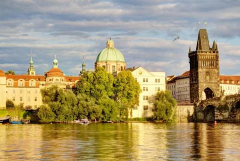 Prague city bridge view Stock Photos