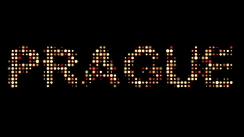 Prague City Name in Bright Dotty Lights on Black Background Stock Footage 305201205