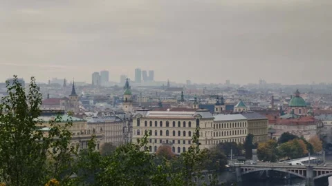 Prague cityscape 4K historic rooftops church spires skyline architecture footage Stock Footage 319686377