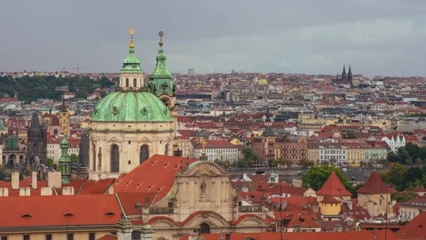 Prague cityscape timelapse with St. Nicholas Church dome on cloudy day Stock Footage 317220269