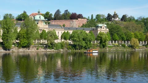 Prague Cityscape With Vltava River And Straka Academy Government Building Vídeos de archivo 345978883