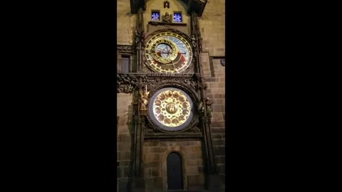 Prague Clock Passers by At Night Vertical Stock Footage 263959700