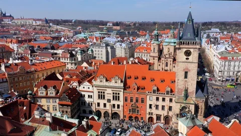 Prague Clock Tower Panoramic Aerial Overview To Old Town Square Stock Footage 110804476