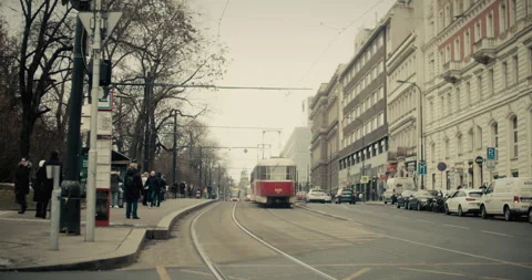 Prague, CZ - 01 12 2026:  Iconic tram on busy street in central Prague. Stock Footage 339501862