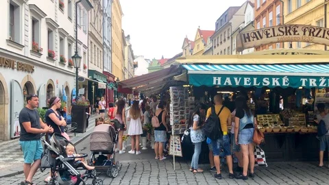 Prague, Czech Republic, 15 Max 2019 - People and tourists on Havel Market in the Stock Footage 124007503