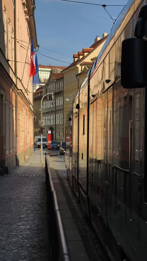 Prague, Czech Republic, April 2, 2026 - Tram passing city center, slow motion Stock Footage 332011307
