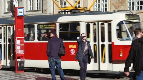 Prague, Czech Republic - August 2018: People and trams in Lesser Town, historic Stock Footage 95924031